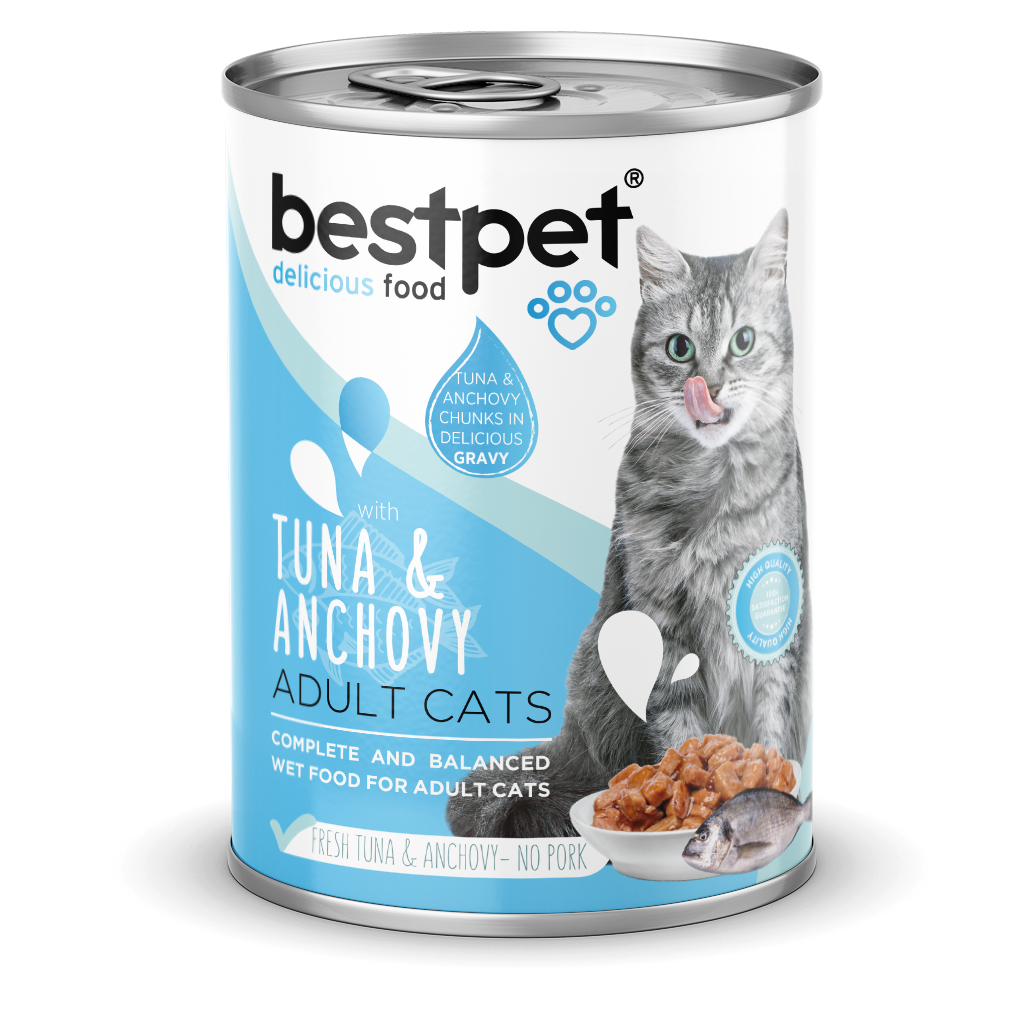 Bestpet Yetişkin Kediler İçin, Taze Tuna Balıklı, Taze Hamsi Parça Etli Ve Soslu Yaş Mama 400 gr 1